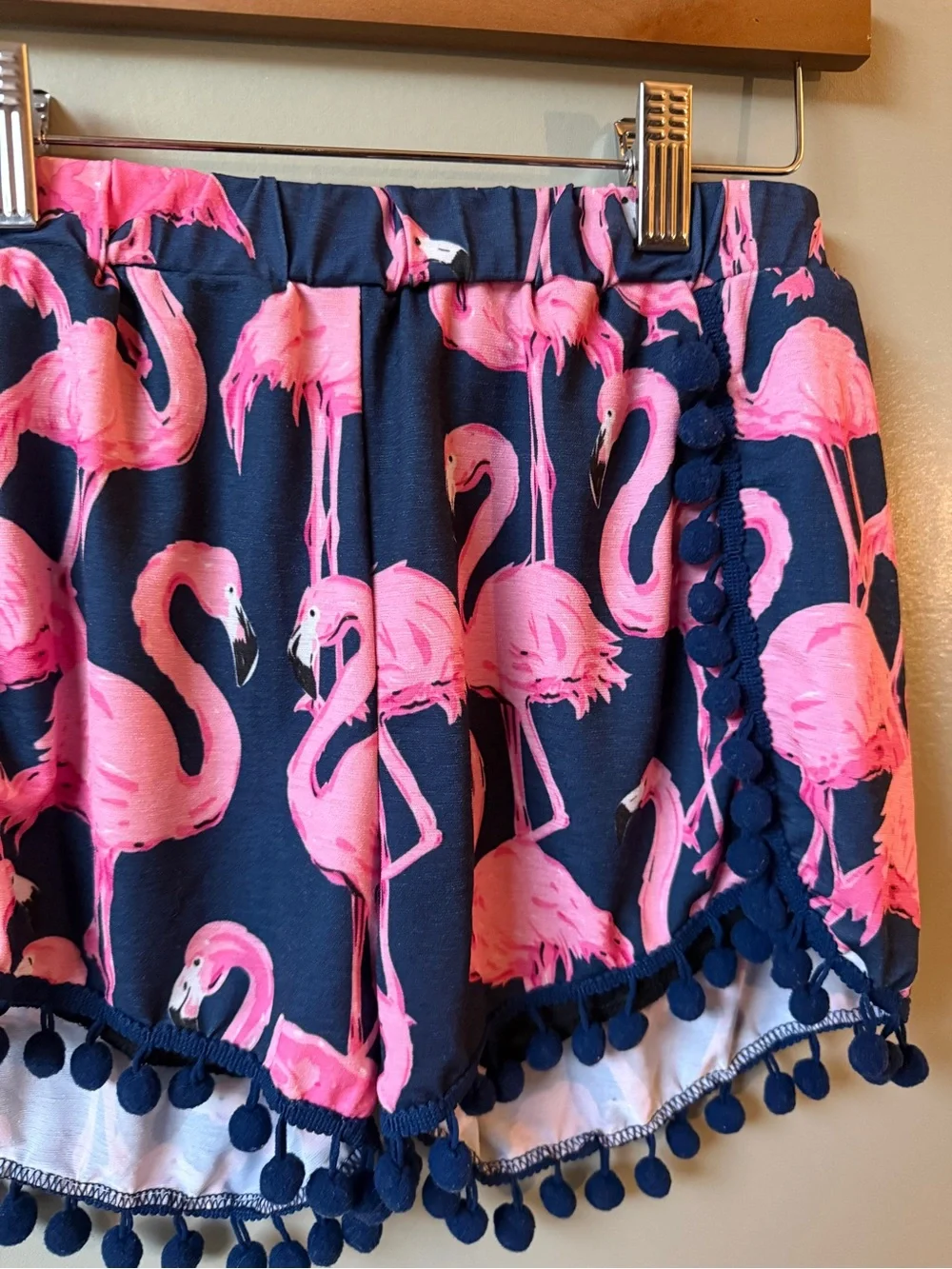 Flamingo Print Pom Pom Shorts Tropical Resort Beach Vacation